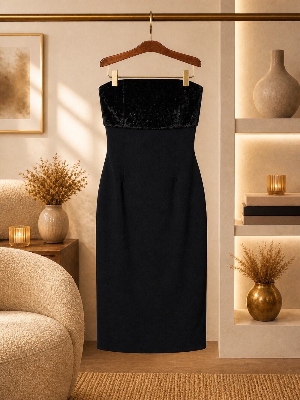 By Anthropologie Strapless Faux Fur Trim Slim Midi Dress Black NWT XL Luxe Chic